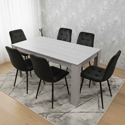 B&Q -  Modern Grey Dining Table Set With 6 Black Velvet Chairs Dining Room Furniture Set
