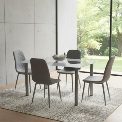 B&Q -  Grey Glass Dining Table Set With 4 Grey Faux Leather Chairs Kitchen Dining Room Furniture