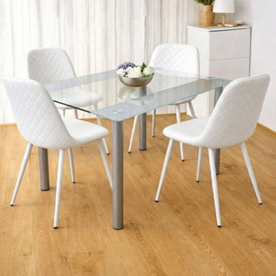 B&Q -  Modern Grey Dining Table Set With 4 White Faux Leather Chairs Kitchen Dining Furniture Set
