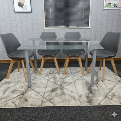 B&Q -  Modern Dining Table Set With 4 Grey Plastic Chairs Dining Room Furniture Set