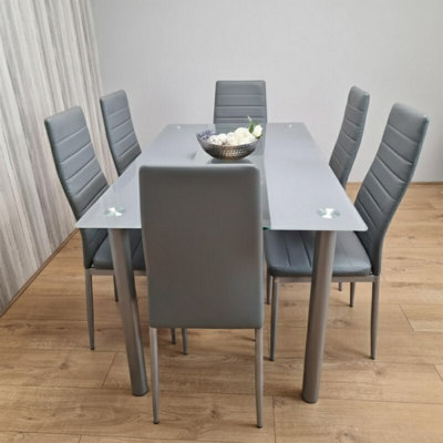 B&Q -  Grey Glass Dining Table Set With 6 Grey Faux Leather Chairs Modern Dining Furniture