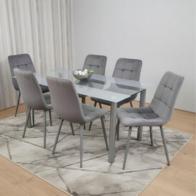 B&Q -  Dining Table And 6 Chairs Modern Grey Glass Table With 6 Grey Chairs Dining Room Furniture