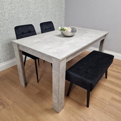 Kosy Koala Black/Grey Dining Table Set With Velvet Chairs And Velvet Paded Bench, Stone Effect Wood Table Size 2