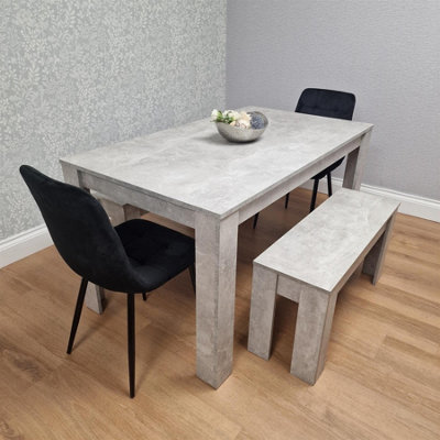 B&Q -  Dining Table With 2 Black Velvet Chairs And 2 Stone Grey Benches Dining Room Furniture Set