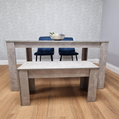 B&Q -  Grey Wood Effect Dining Set With 2 Blue Velvet Chairs And Bench Dining Room Set