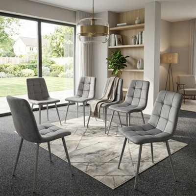 Doubs 6 Grey Velvet Tufted Chairs Dining Chairs Kitchen Chairs from B&Q