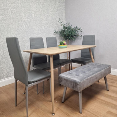 B&Q -  Dining Table Set With 4 Grey Chairs And 1 Grey Velvet Bench Dining Room Furniture