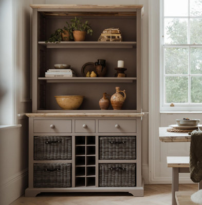 Statement Furniture Florence Dove Display Cabinet With Shelves, Wine Rack And Storage Baskets Grey