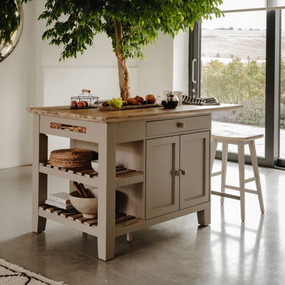 Statement Furniture Florence Truffle Kitchen Island With Cupboard And Shelves White/Grey/Green