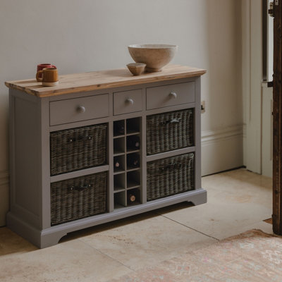Statement Furniture Florence Sideboard With Wine Rack, 3 Drawers And Storage Baskets - Dove Grey