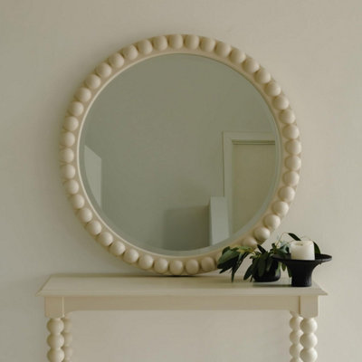 B&Q -  Cromwell Round Wall Mirror With Bobbin Design Wooden Frame 77CmLinen