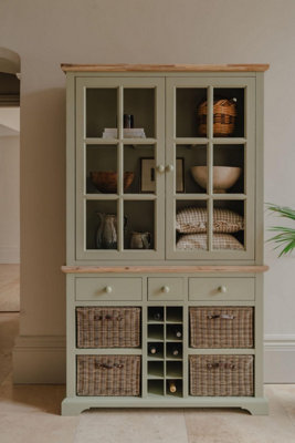Statement Furniture Florence Glass Door Display Cabinet With Storage Baskets, Drawers And Wine Rack - White - Sage Green - Image 4