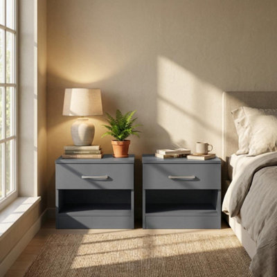 B&Q Pair Of Bedside Chest Of Drawers Bedroom 1 Drawer Cabinet Nightstand Dark/Grey