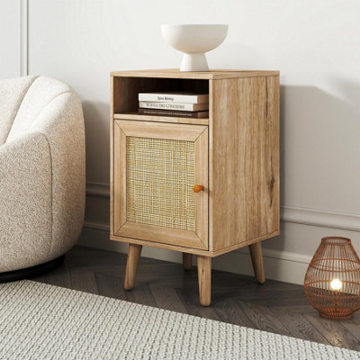  - Willow Oak & Rattan 1 Door Bedside Table Nightstand Chest Bedroom Storage Furniture