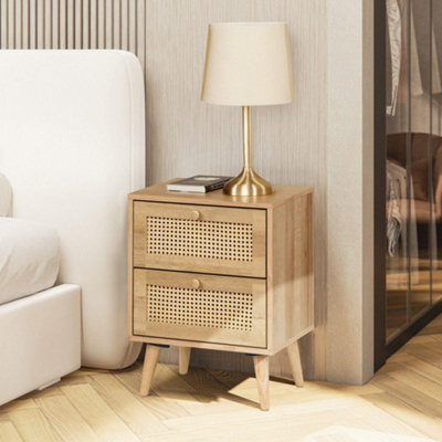  - Manila Oak & Pvc Rattan 2 Drawer Bedside Table Nightstand Chest Bedroom Storage Furniture