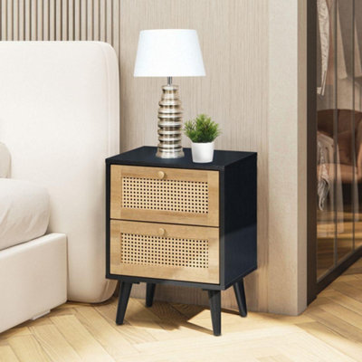 Swish Furniture Manila Black & Pvc Rattan 2 Drawer Bedside Table Nightstand Chest Bedroom Storage Furniture