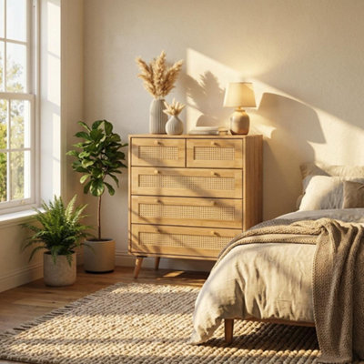 Manila Oak & Pvc Rattan Chest Of 3+2 Drawers Bedroom Storage Furniture