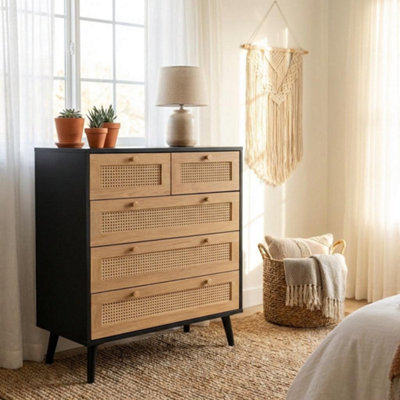 Manila Black & Pvc Rattan Chest Of 3+2 Drawers Bedroom Storage Furniture