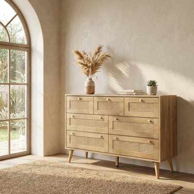 Swish Furniture Manila Oak & Pvc Rattan Chest Of 7 Drawers Bedroom Storage Furniture