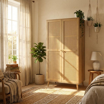 Swish Furniture Manila Oak & Pvc Rattan 2 Door Double Wardrobe Bedroom Furniture Storage