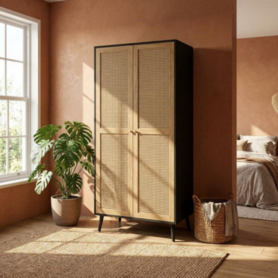 Manila Black & Pvc Rattan 2 Door Double Wardrobe Bedroom Furniture Storage
