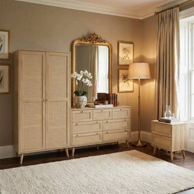 Swish Furniture 3 Piece Set Manila Oak Rattan 2 Door Wardrobe 2 Drawer Bedside And 7 Drawer Chest