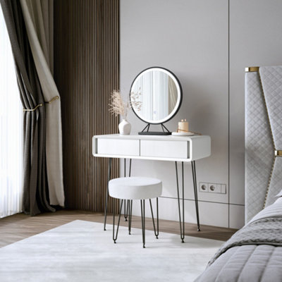 CARME Home Piper White Dressing Table With Belle Led Mirror & Alaya Bouclé Stool from B&Q