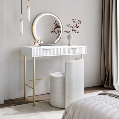 CARME Home Maya White Dressing Table With Maisie Led Mirror & Lottie Bouclé Stool from B&Q
