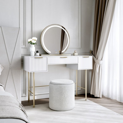 CARME Home Lara White Dressing Table With Elsie  Led Mirror & Hailey Bouclé Storage Stool from B&Q