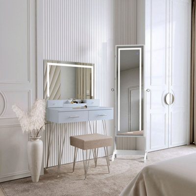 CARME Home Sophia Grey Led Dressing Table & Nova White Led Mirrored Jewellery Cabinet from B&Q