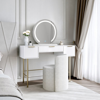 CARME Home Lara White Dressing Table With Elsie Led Mirror (White Base) & Lottie Bouclé Stool from B&Q