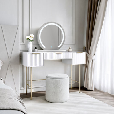 CARME Home Lara White Dressing Table With Elsie Led Mirror (White Base) & Hailey Bouclé Storage Stool from B&Q