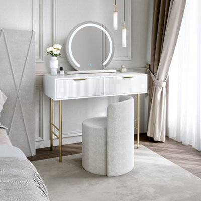 CARME Home Esme White Dressing Table With Elsie Led Mirror (White Base) & Lottie Bouclé Stool from B&Q