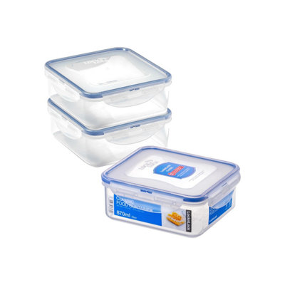 B&Q -  Lock & Lock Pack Of 3 Square Food Storage Container 870Ml Airtight Bpa-Free Microwave & Dishwasher Safe