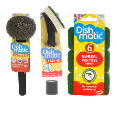 Dishmatic Scrubbee Handle With 6 Refills And I-Stand Fillable Handle Interchangeable Sponge & Scourer Cleaning Set from B&Q