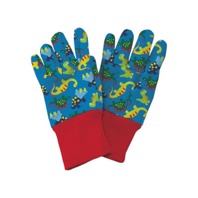 B&Q -  Kent & Stowe Blue Dinosaur Kids Gardening Gloves Soft Cotton Ages 3 To 6 Lightweight & Breathable With Knitted Cuffs
