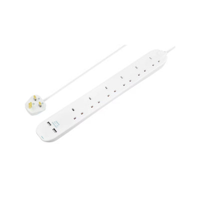 B&Q -  6 Socket Extension Lead Usb Charging Ports 13A 1M Cable Power Strip Wall Mountable Power Indicator White