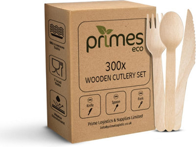 Primes Eco Disposable Wooden Cutlery Set100 Forks100 Spoons And 100 Kniv from B&Q