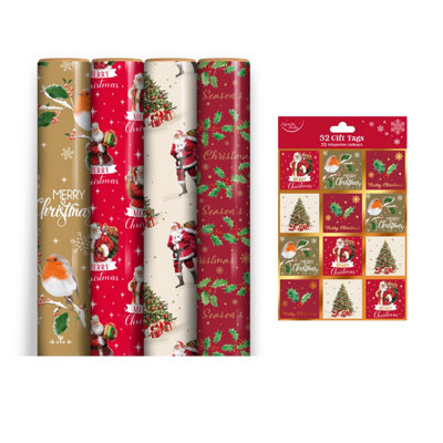Eurowrap 4 Rolls Traditional Christmas Wrapping Paper 7M Gift Wrap & 32 Matching Tags from B&Q
