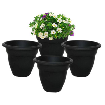 B&Q -  4 Black Round Bell Plant Pots 30Cm Plastic Bell Planter Patio Pot