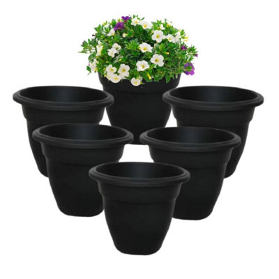 B&Q -  6 Black Round Bell Plant Pots 30Cm Plastic Bell Planter Patio Pot