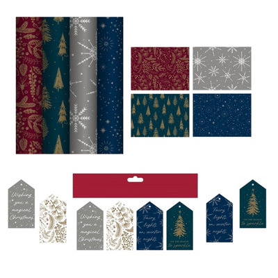 B&Q -  4 Rolls Christmas Wrapping Paper 4M Contemporary Gift Wrap & 16 Matching Tags