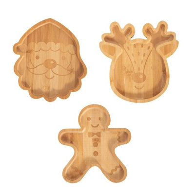 RSW 3 Wooden Christmas Snack Plates Festive Nibble Trays Santa Reindeer Gingerbread from B&Q