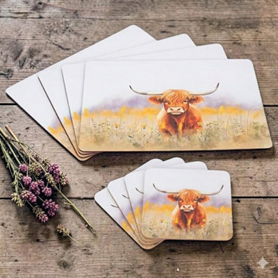 B&Q -  4 Highland Cow Cork Placemats And Coaster Set Table Protector Mats