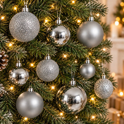 60 Silver Baubles Shatterproof Christmas Tree Hanging Decoration 4cm 5cm 6cm - Image 3