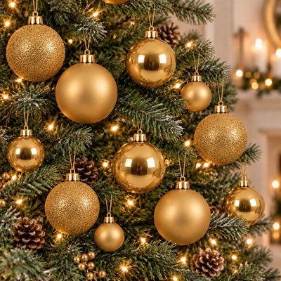 60 gold baubles - round bauble decorations - christmas tree hanging ornament - 4cm 40mm 5cm 50mm 6cm 60mm baubles - matt, glitter & gloss finish - tree wreath garland decorations - Image 4