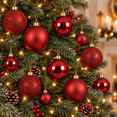 30 Christmas Tree Baubles Red Shatterproof Ornaments Assorted Sizes & Finishes - Image 5
