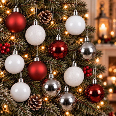 30 Christmas Tree Baubles Shatterproof Ornaments Red White Silver Decs 6cm - Image 3