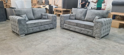 B&Q Milton 3+2 Grey Chenille Sofas