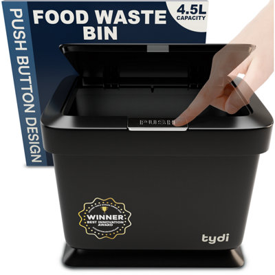 Tydi Black Kitchen Compost Bin - Food Waste Caddy With Lid - Indoor Waste Bin For Countertop With Press Button 4.5L